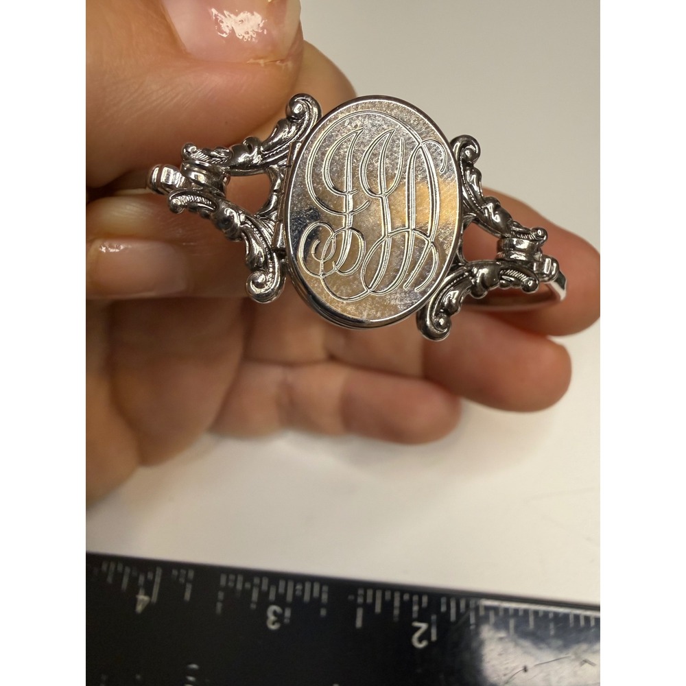 Avon Silver Tone Monogram Locket Bangle Bracelet Victorian Style Ornate Hinged
